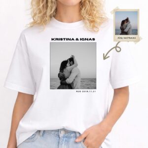 Personalizuoti marškinėliai porai su nuotrauka užrašu ir data